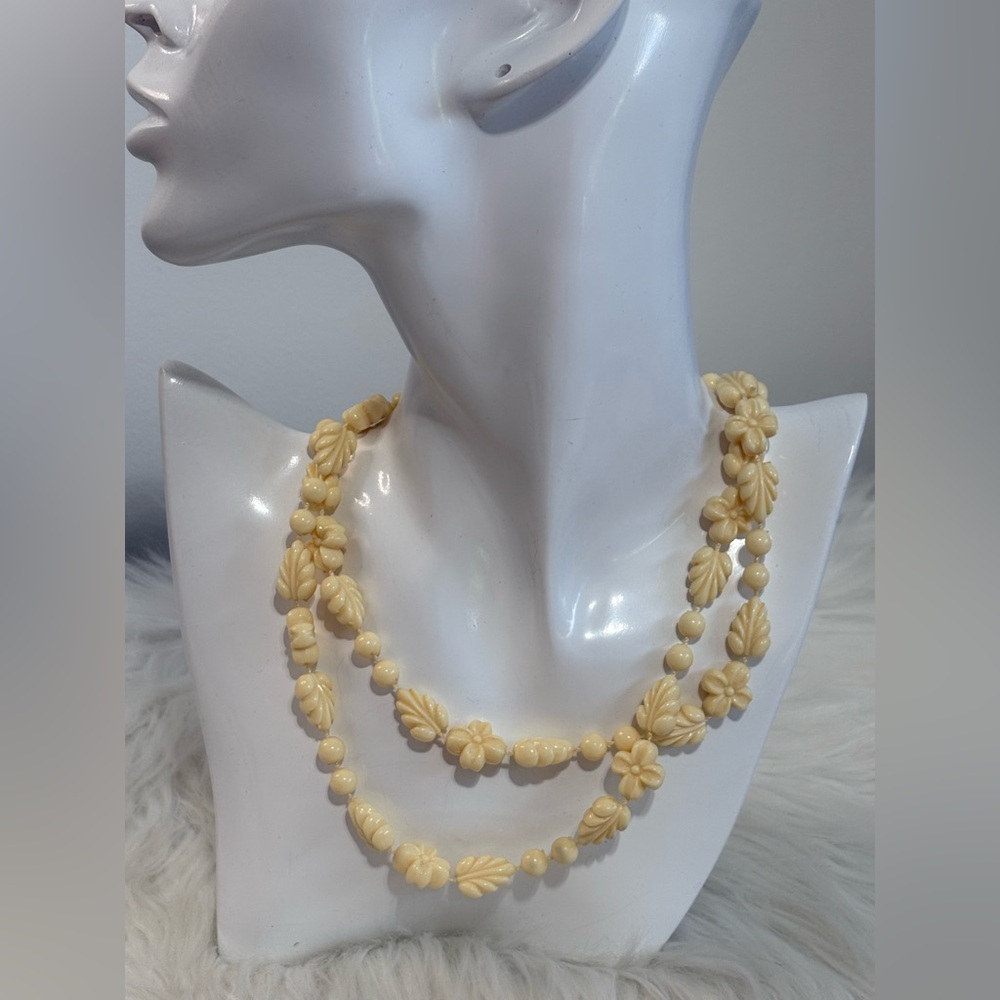 Vintage Cream Floral Carved Long plastic Necklace